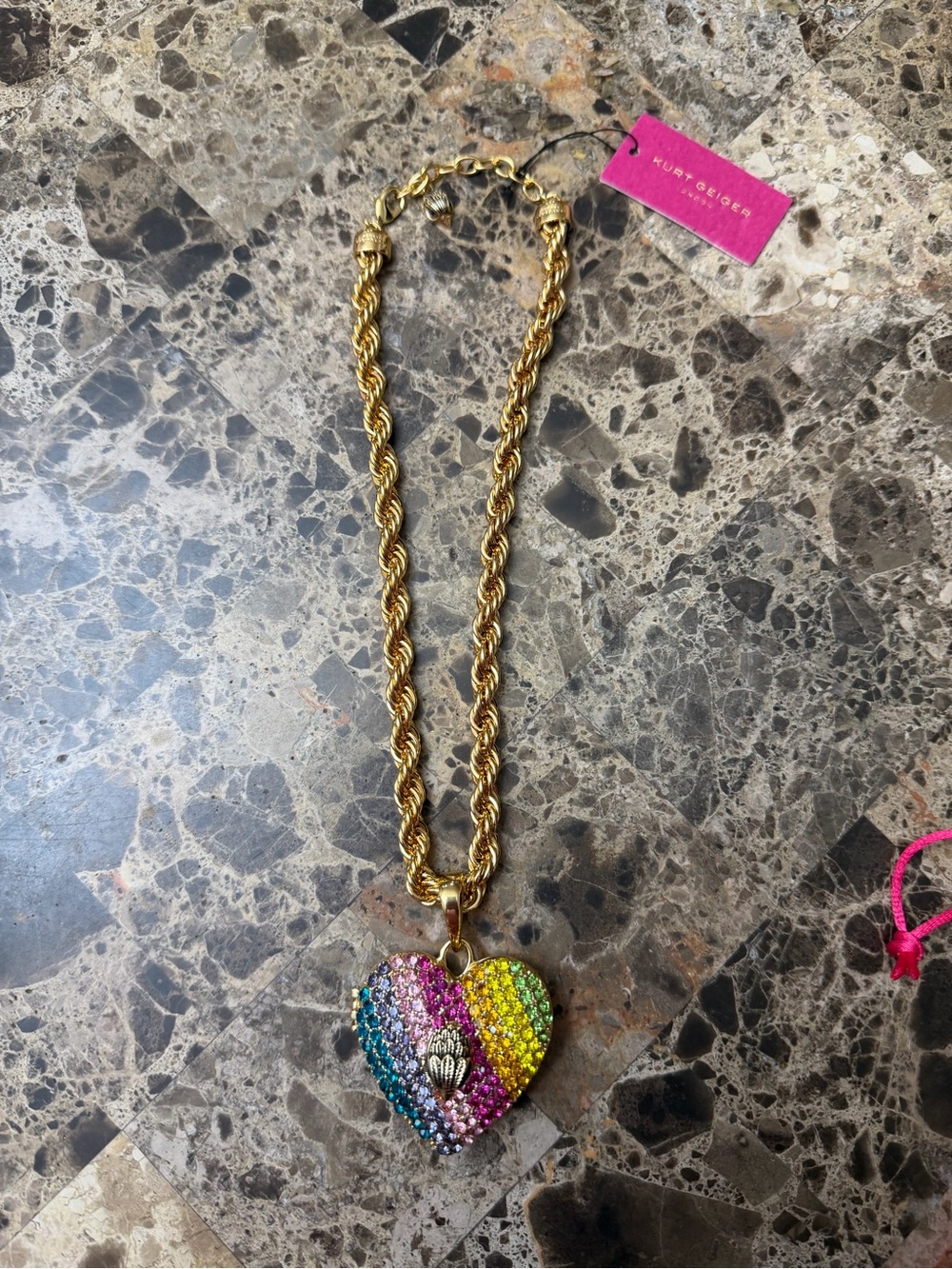 Kurt Geiger Gold Chain Necklace with Multicolor Crystal Heart Pendant locket